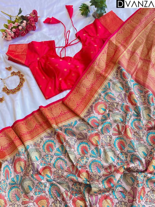 Explore Tusser Silk Kalamkari Sarees with Banaras Border - dvz0003926