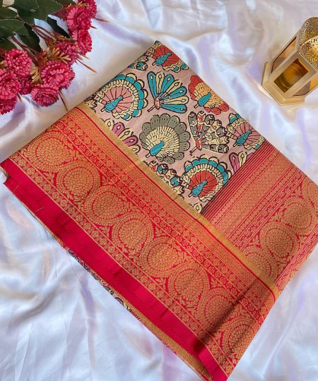 Explore Tusser Silk Kalamkari Sarees with Banaras Border - dvz0003926