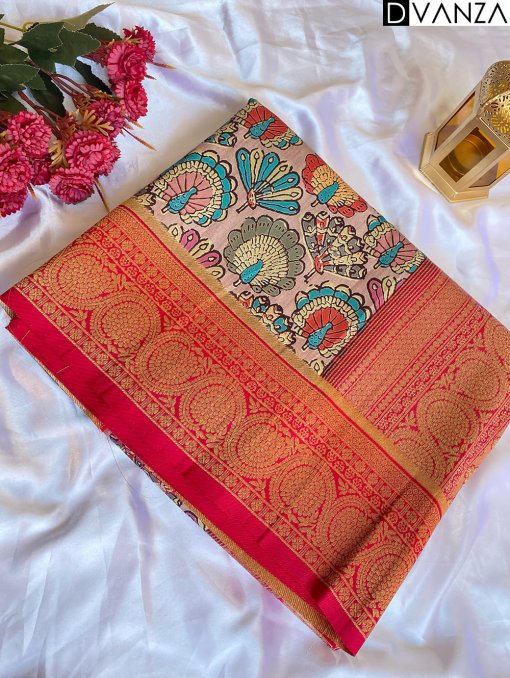 Explore Tusser Silk Kalamkari Sarees with Banaras Border - dvz0003926