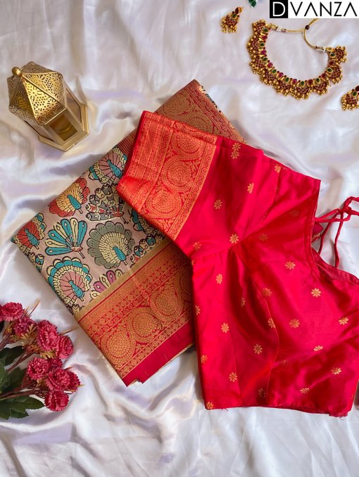 Explore Tusser Silk Kalamkari Sarees with Banaras Border - dvz0003926