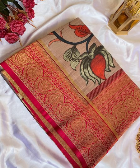 Explore Tusser Silk Kalamkari Sarees with Banaras Border - dvz0003927