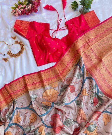 Explore Tusser Silk Kalamkari Sarees with Banaras Border - dvz0003927