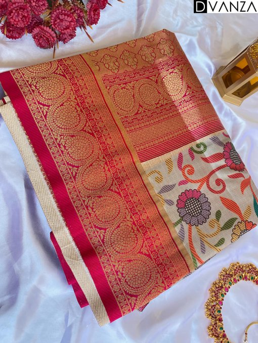 Explore Tusser Silk Kalamkari Sarees with Banaras Border - dvz0003928