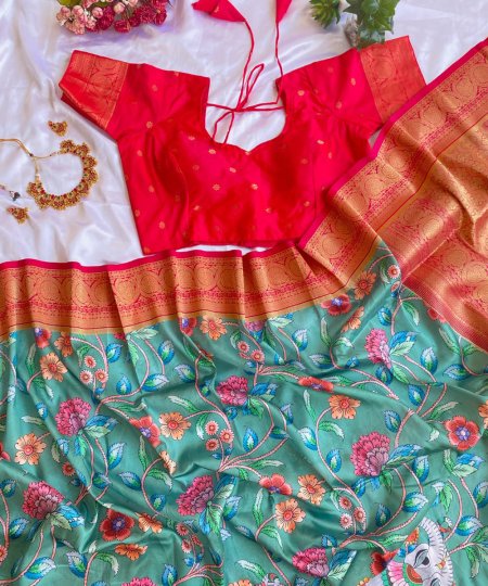 Explore Tusser Silk Kalamkari Sarees with Banaras Border - dvz0003929