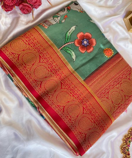 Explore Tusser Silk Kalamkari Sarees with Banaras Border - dvz0003929