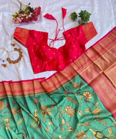 Explore Tusser Silk Kalamkari Sarees with Banaras Border - dvz0003930