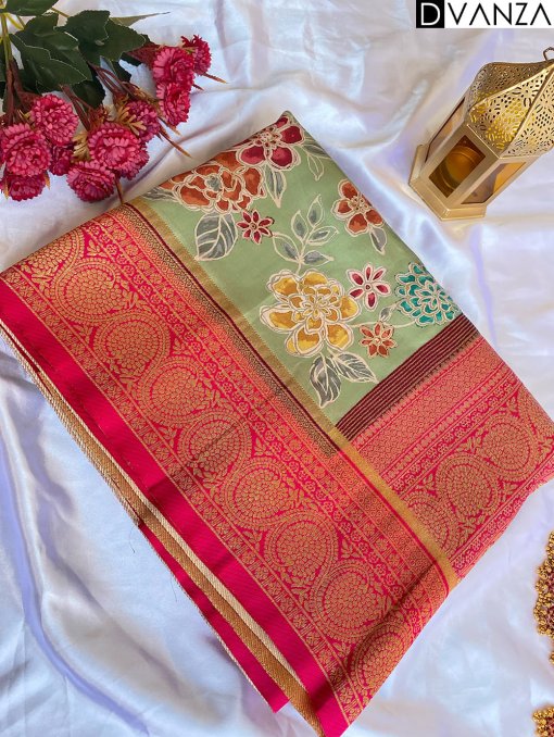 Explore Tusser Silk Kalamkari Sarees with Banaras Border - dvz0003932