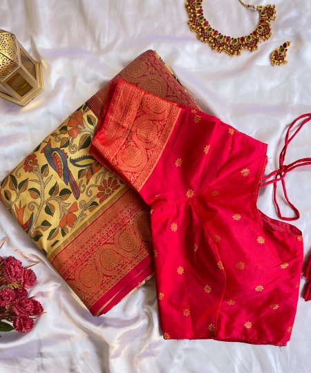 Explore Tusser Silk Kalamkari Sarees with Banaras Border - dvz0003933