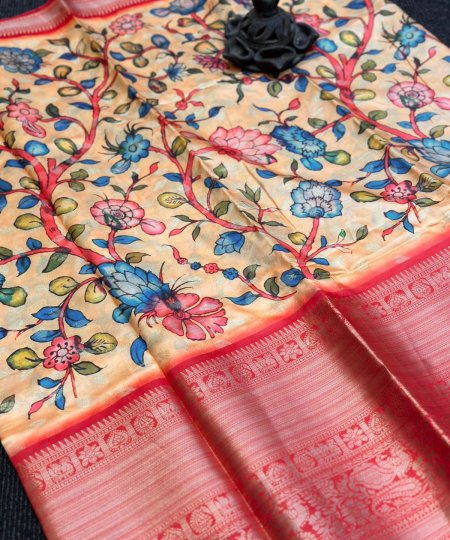 Exquisite Banarasi Silk Saree with Kalamkari Print Weaving Border