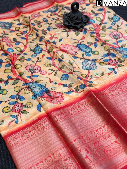 Exquisite Banarasi Silk Saree with Kalamkari Print Weaving Border