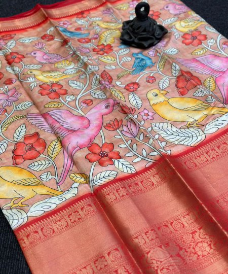 Exquisite Banarasi Silk Saree with Kalamkari Print and Intricate Weaving Border- dvz0003602