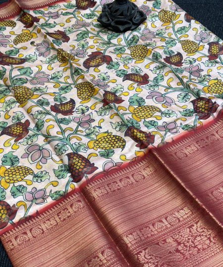 Exquisite Banarasi Silk Saree with Kalamkari Print Weaving Border