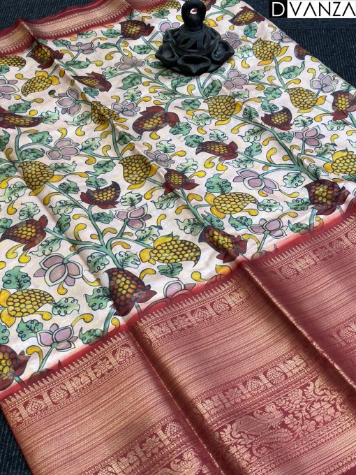 Exquisite Banarasi Silk Saree with Kalamkari Print Weaving Border