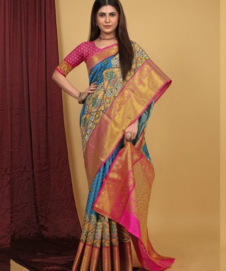 Exquisite Pattu Kalamkari Silk Saree with Brocade Blouse - dvz0003946