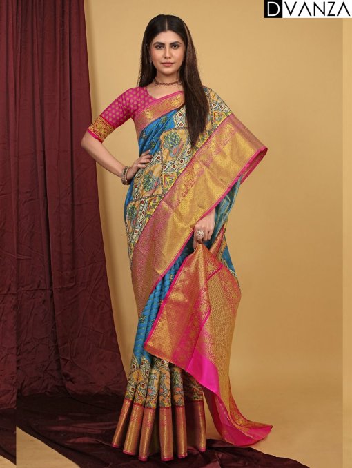 Exquisite Pattu Kalamkari Silk Saree with Brocade Blouse - dvz0003946