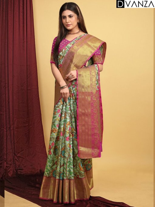 Exquisite Pattu Kalamkari Silk Saree with Brocade Blouse - dvz0003948