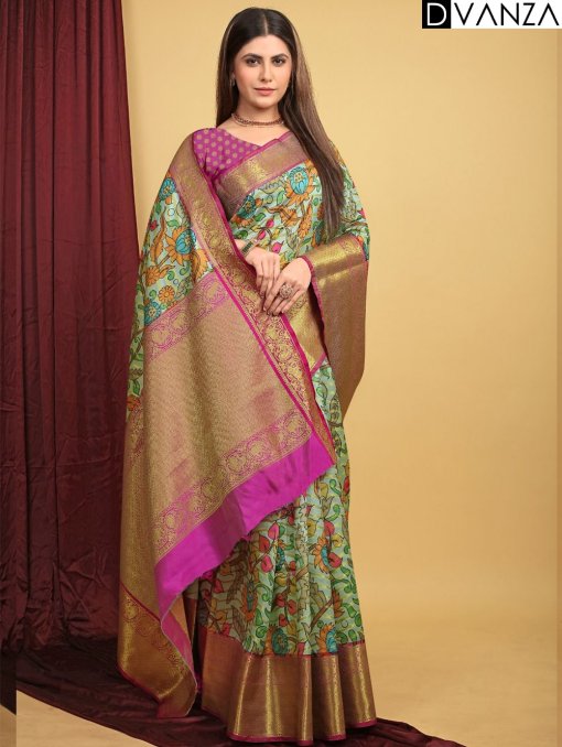 Exquisite Pattu Kalamkari Silk Saree with Brocade Blouse - dvz0003948