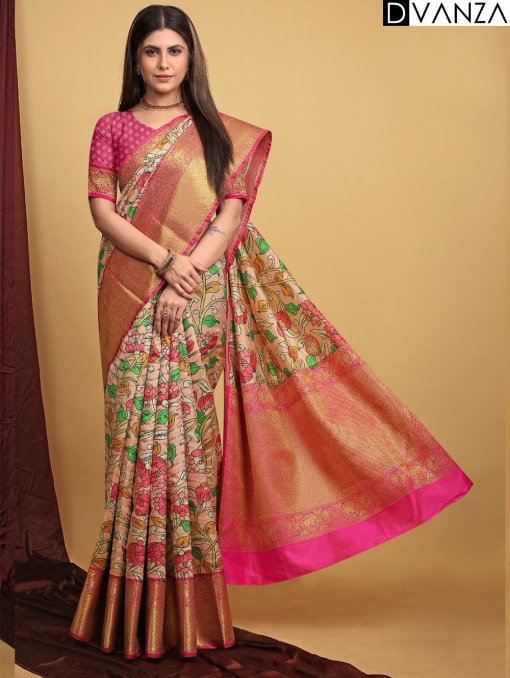 Exquisite Pattu Kalamkari Silk Saree with Brocade Blouse - dvz0003949