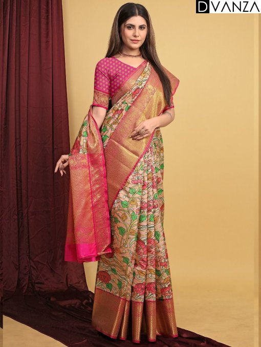 Exquisite Pattu Kalamkari Silk Saree with Brocade Blouse - dvz0003949