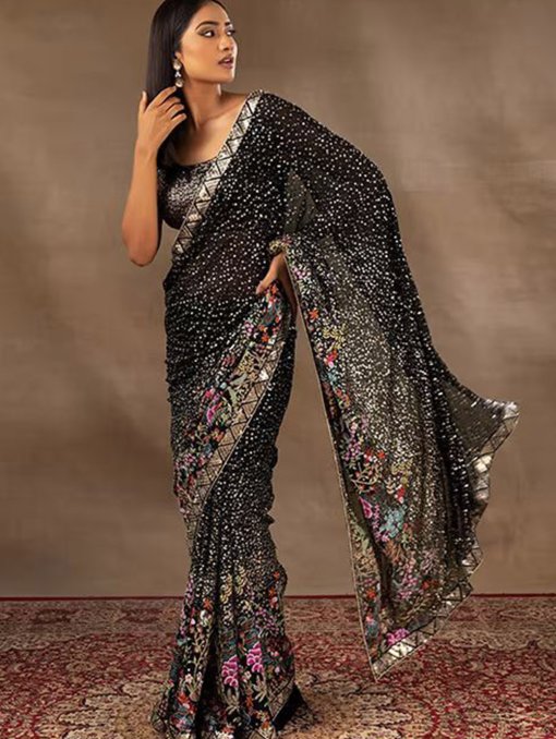 Faux Georgette Saree with Dual Sequence and Multi-Color Embroidery - dvz0003908