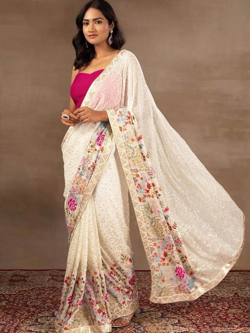 Faux Georgette Saree with Dual Sequence and Multi-Color Embroidery - dvz0003908