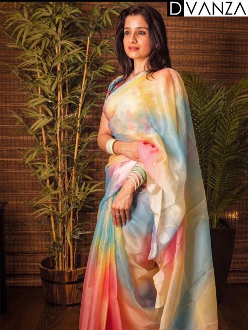 Fine Soft Organza saree dreamy pastel shaded print with foil outline allover