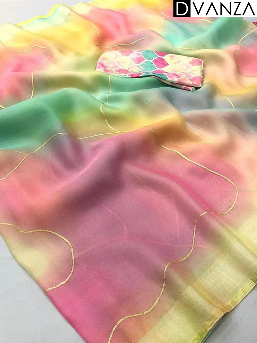 Fine Soft Organza saree dreamy pastel shaded print with foil outline allover