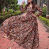 Floral Printed Rayon Gown with Angrakha Style V-Neck