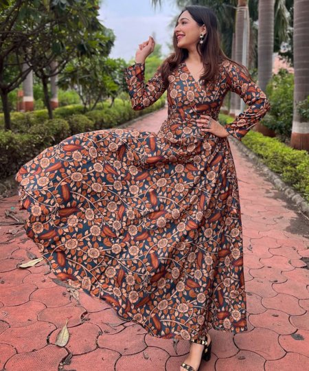 Floral Printed Rayon Gown with Angrakha Style V-Neck