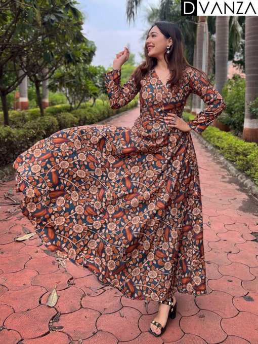 Floral Printed Rayon Gown with Angrakha Style V-Neck