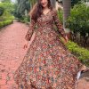 Floral Printed Rayon Gown with Angrakha Style V-Neck