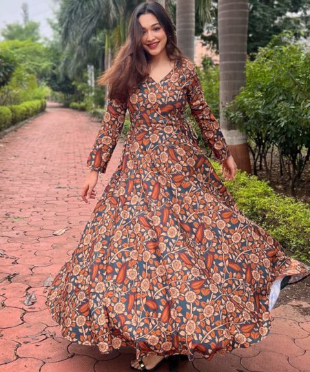 Floral Printed Rayon Gown with Angrakha Style V-Neck