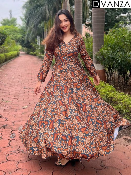 Floral Printed Rayon Gown with Angrakha Style V-Neck