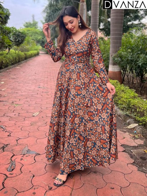 Floral Printed Rayon Gown with Angrakha Style V-Neck