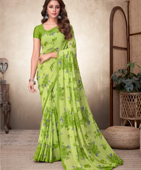 Georgette Printed Saree with Attached Crepe Blouse - dvz0003464