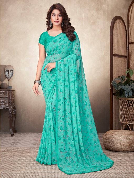 Georgette Printed Saree with Attached Crepe Blouse Online- dvz0003465