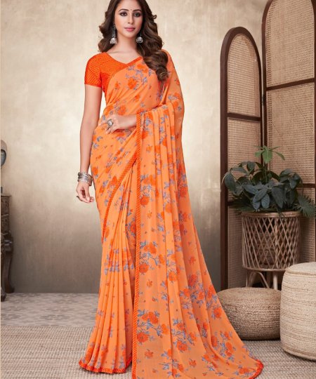 Georgette Printed Saree with Attached Crepe Blouse Online- dvz0003466