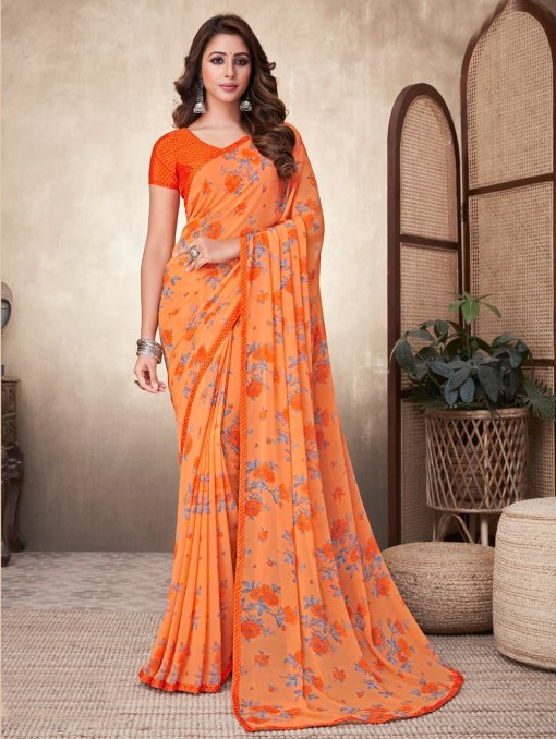 Georgette Printed Saree with Attached Crepe Blouse Online- dvz0003466