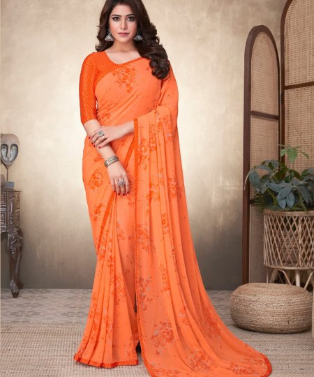 Georgette Printed Saree with Attached Crepe Blouse Online- dvz0003467