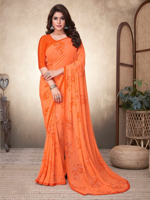 Georgette Printed Saree with Attached Crepe Blouse Online- dvz0003467