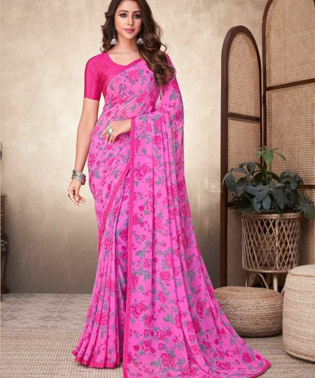 Georgette Printed Saree with Attached Crepe Blouse Online- dvz0003468