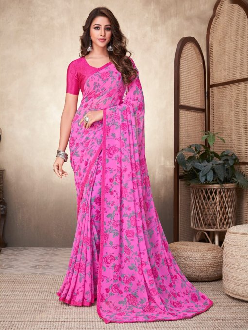 Georgette Printed Saree with Attached Crepe Blouse Online- dvz0003468