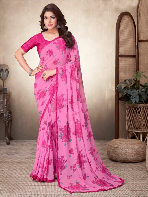 Georgette Printed Saree with Attached Crepe Blouse - dvz0003469