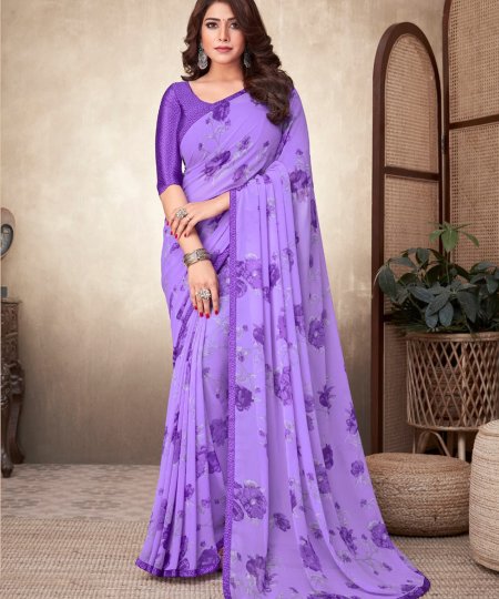 Georgette Printed Saree with Attached Crepe Blouse - dvz0003470