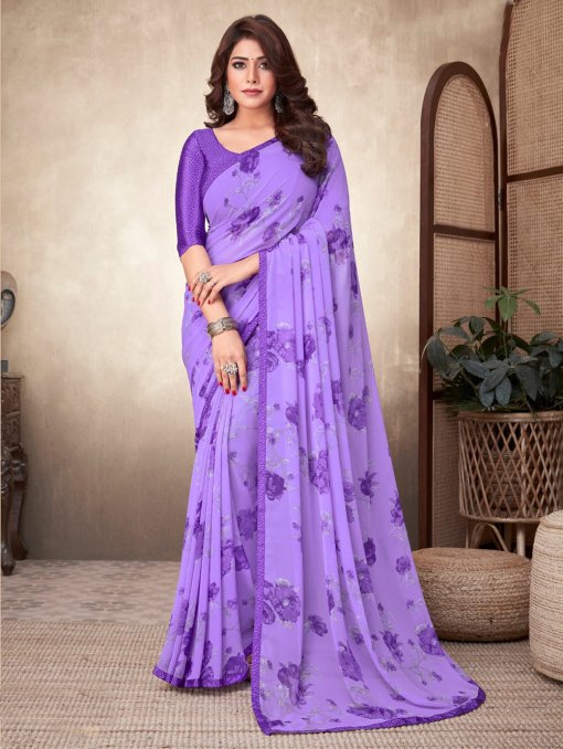 Georgette Printed Saree with Attached Crepe Blouse - dvz0003470