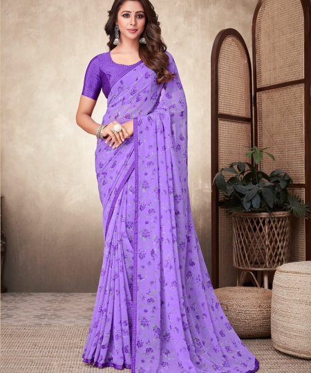 Georgette Printed Saree with Attached Crepe Blouse Online- dvz0003471