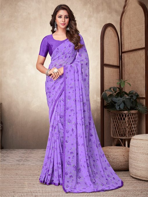 Georgette Printed Saree with Attached Crepe Blouse Online- dvz0003471