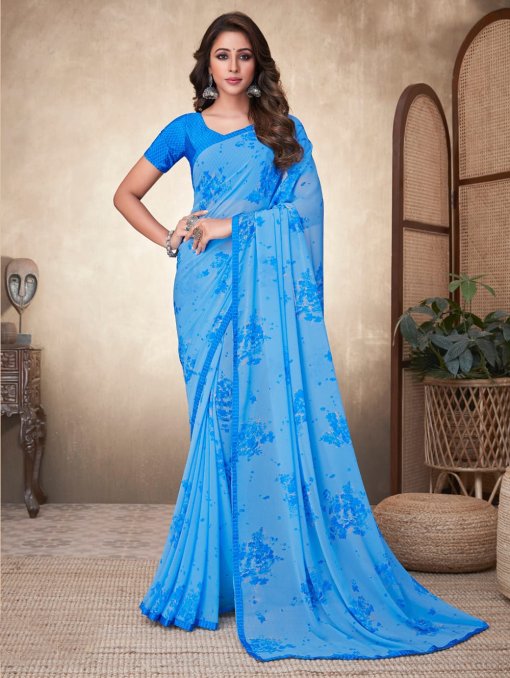 Georgette Printed Saree with Attached Crepe Blouse Online- dvz0003472