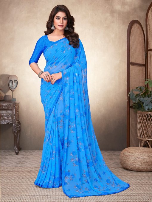 Georgette Printed Saree with Attached Crepe Blouse Online- dvz0003473