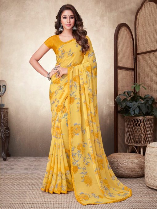 Georgette Printed Saree with Attached Crepe Blouse Online- dvz0003474